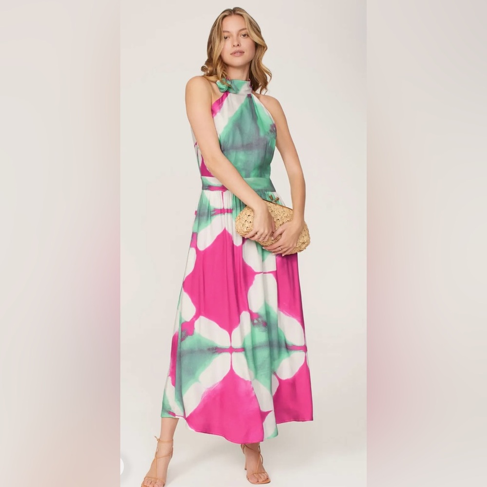 Busayo Collective Halter Maxi Dress | Pink Teal Abstract Print | Size 6 | NWOT